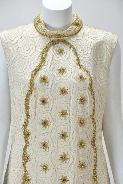 1950s Bernetti Jaquard Maxi Dress with Gold Threadwork and Beading