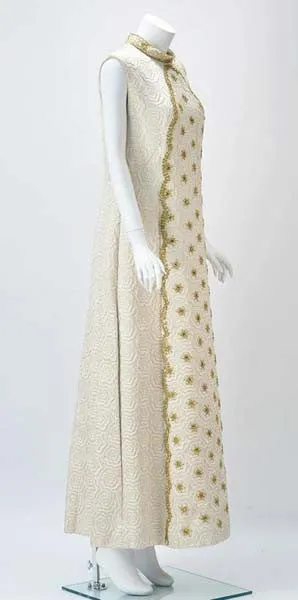 1950s Bernetti Jaquard Maxi Dress with Gold Threadwork and Beading
