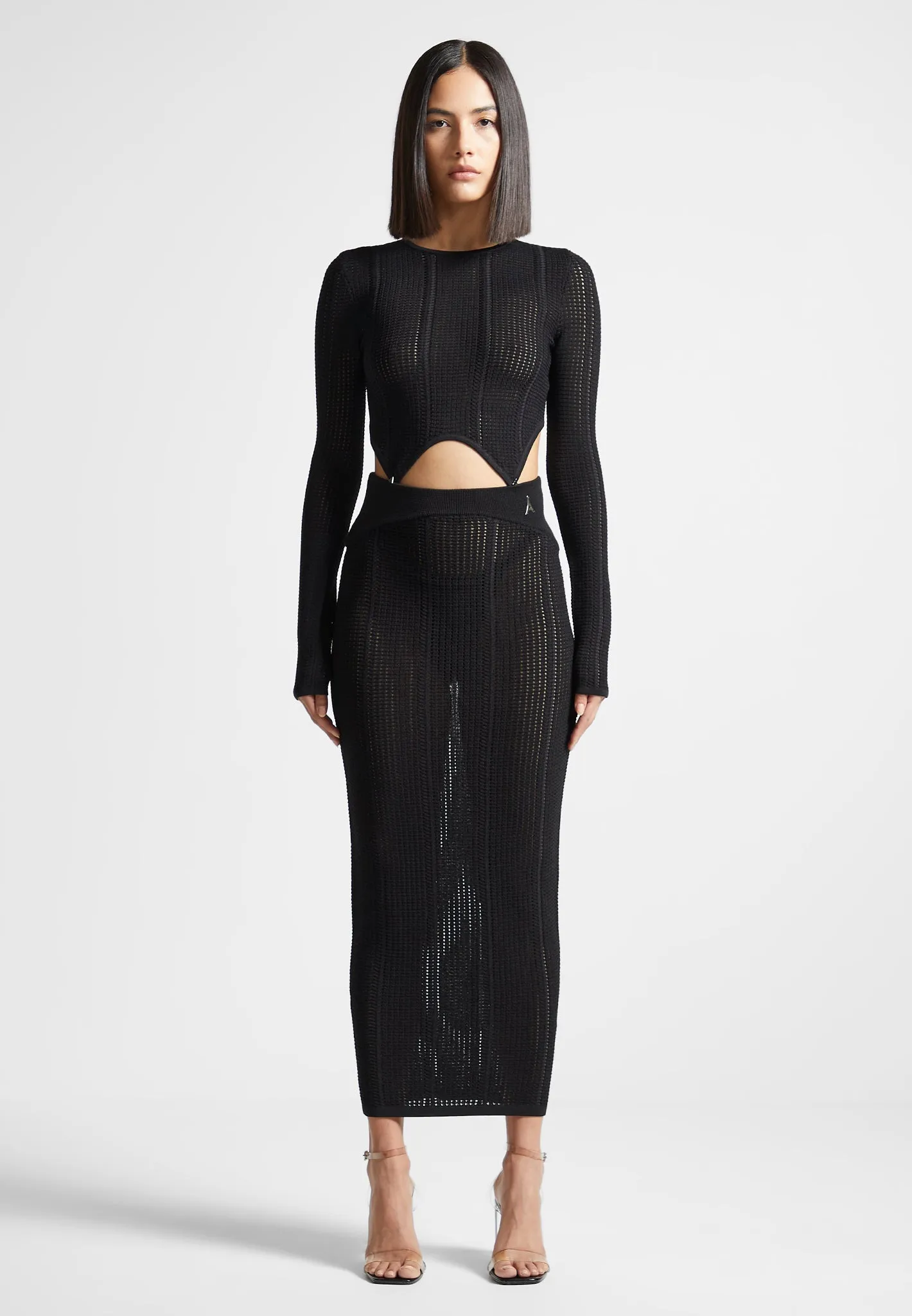 2-in-1 Long Sleeve Knitted Midaxi Dress - Black
