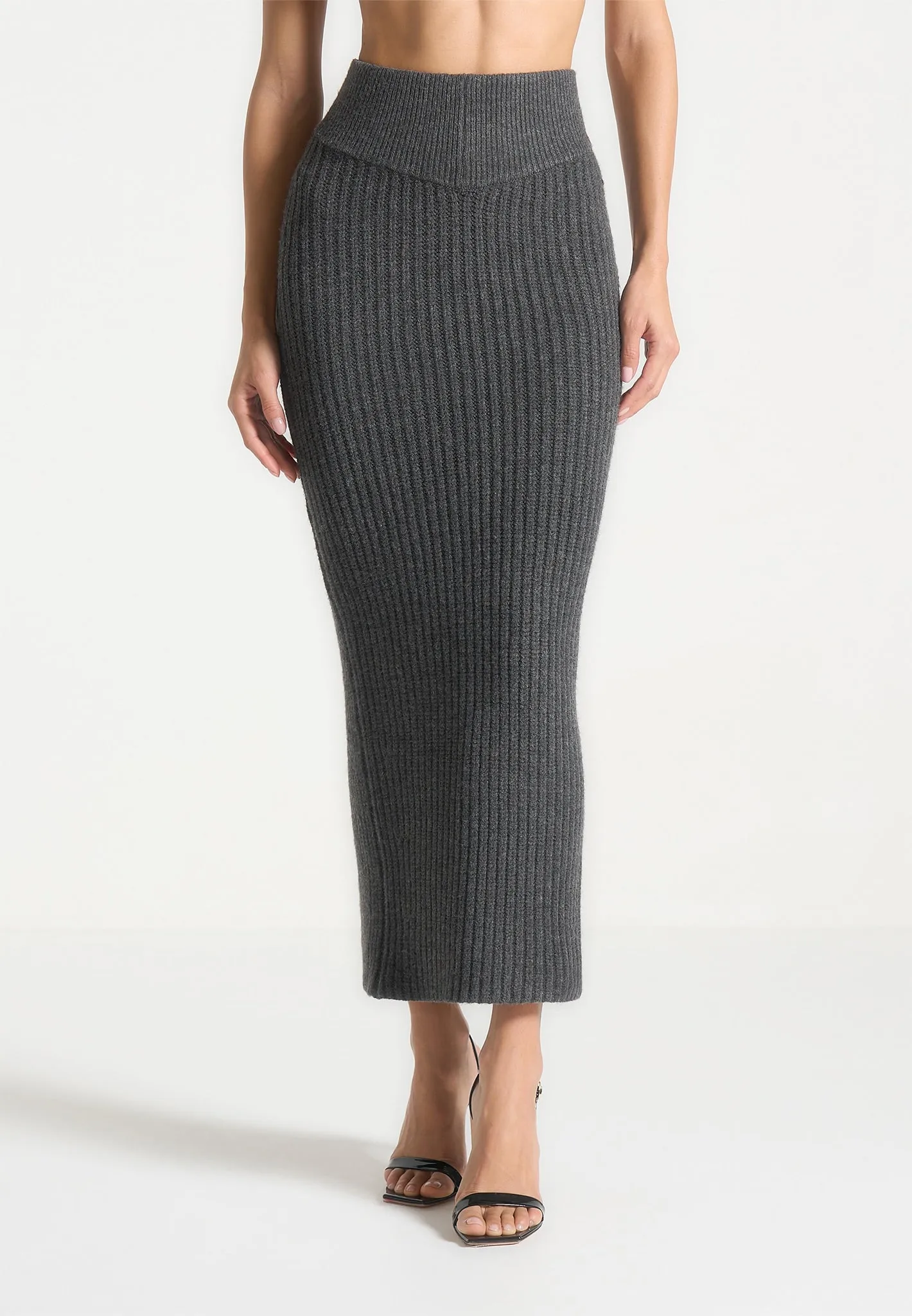 Angled Waist Knit Maxi Skirt - Grey Marl