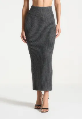 Angled Waist Knit Maxi Skirt - Grey Marl