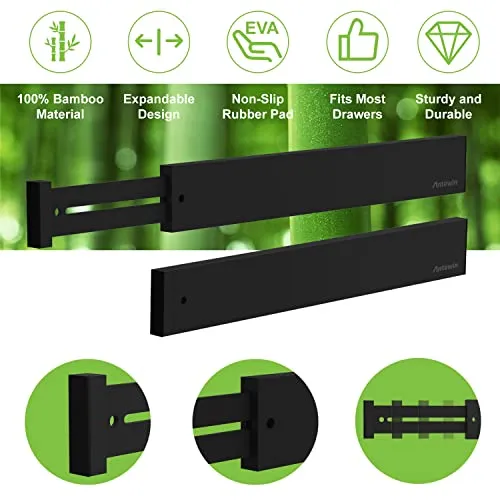 ANTOWIN Bamboo Drawer Dividers Organizers, Expandable Drawer Separators Splitter,17-22 inches Long Adjustable Spring-loaded Organizer for Large Utensil, Clothes, Tools Drawers (Black)