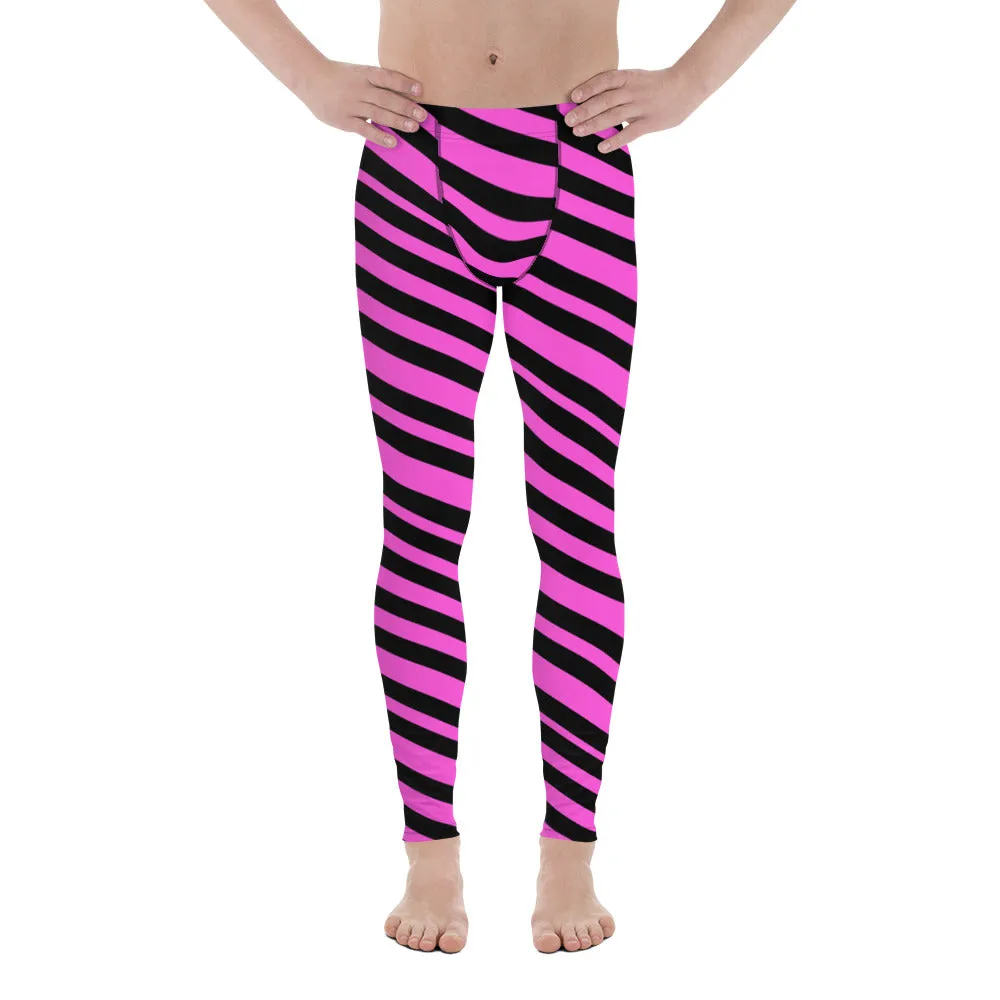 Black & Pink Striped Meggings, Diagonally Striped Men's Designer Premium Quality Running Tights- Made in USA/EU