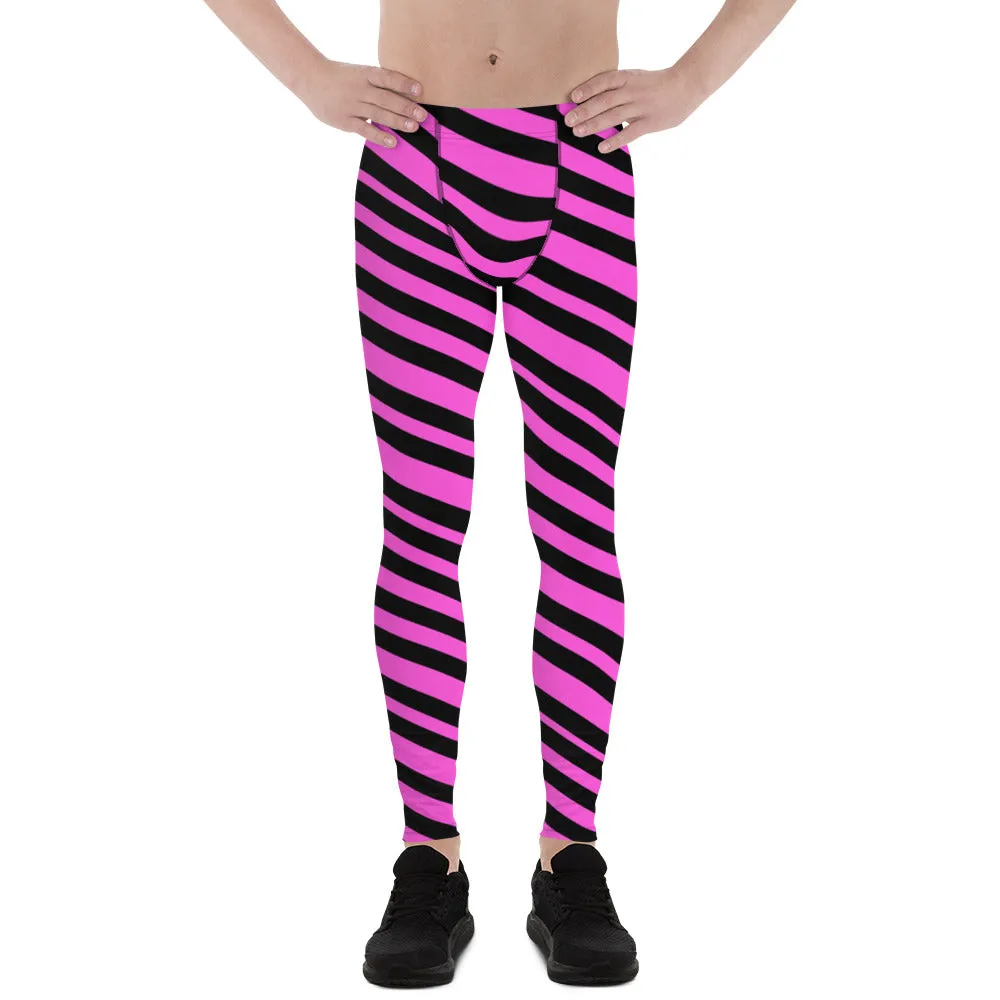 Black & Pink Striped Meggings, Diagonally Striped Men's Designer Premium Quality Running Tights- Made in USA/EU