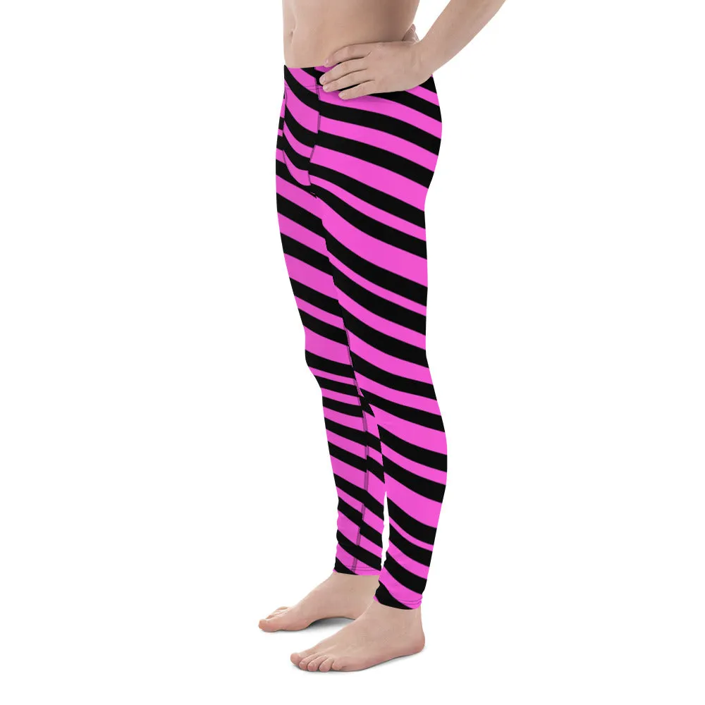 Black & Pink Striped Meggings, Diagonally Striped Men's Designer Premium Quality Running Tights- Made in USA/EU