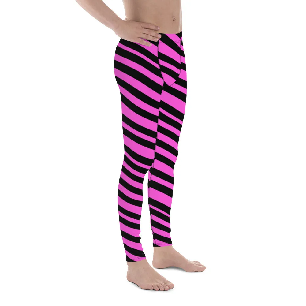Black & Pink Striped Meggings, Diagonally Striped Men's Designer Premium Quality Running Tights- Made in USA/EU