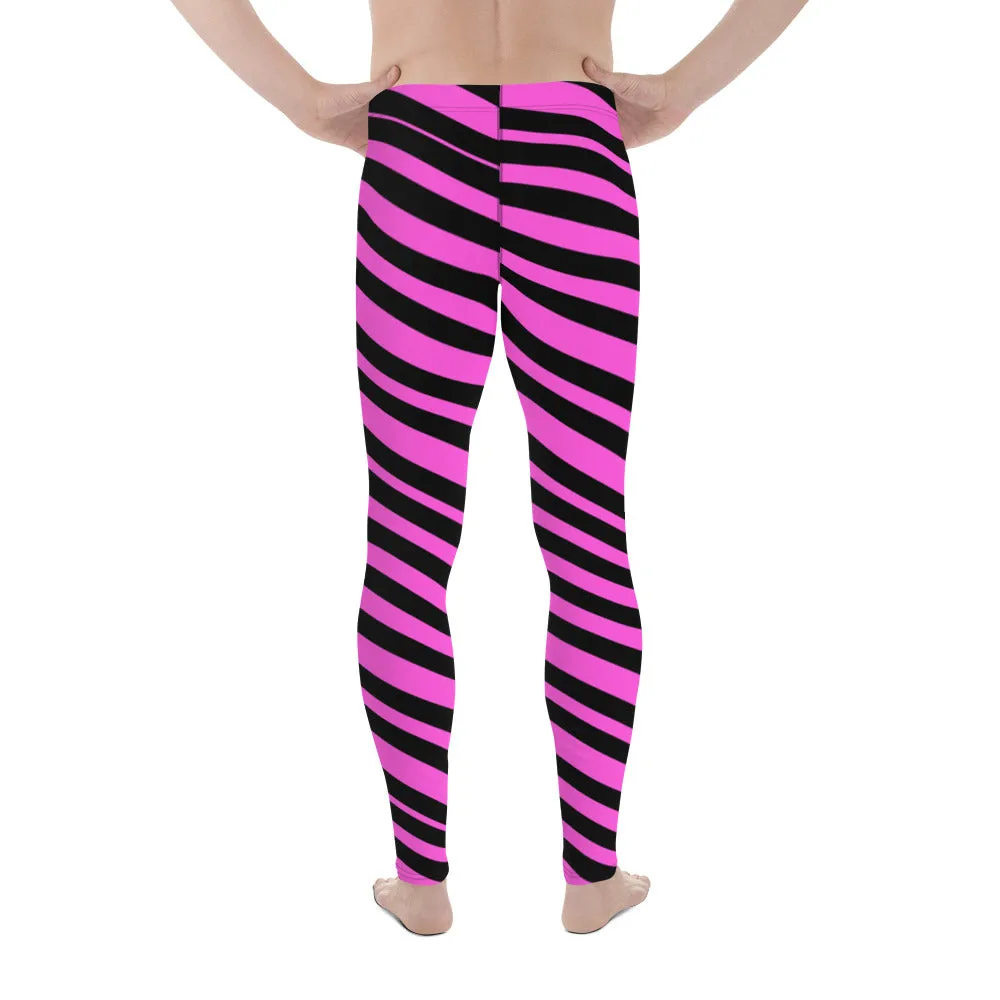 Black & Pink Striped Meggings, Diagonally Striped Men's Designer Premium Quality Running Tights- Made in USA/EU