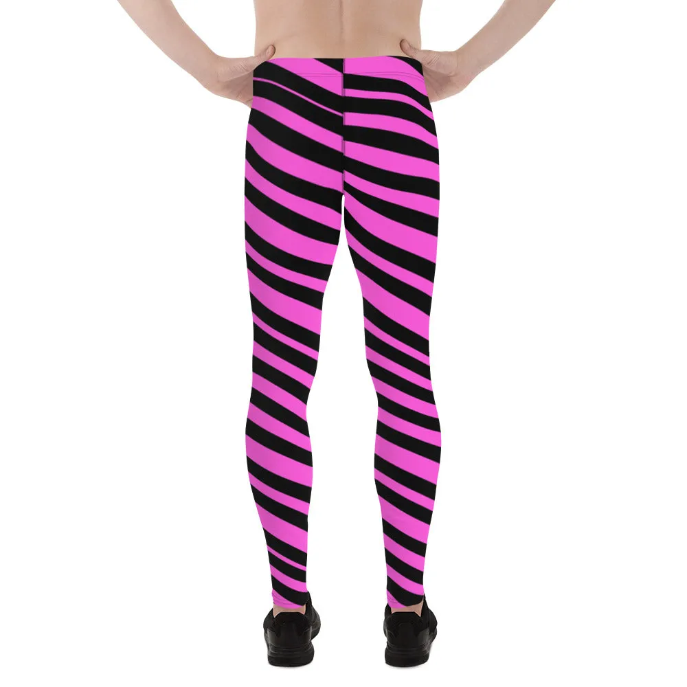 Black & Pink Striped Meggings, Diagonally Striped Men's Designer Premium Quality Running Tights- Made in USA/EU