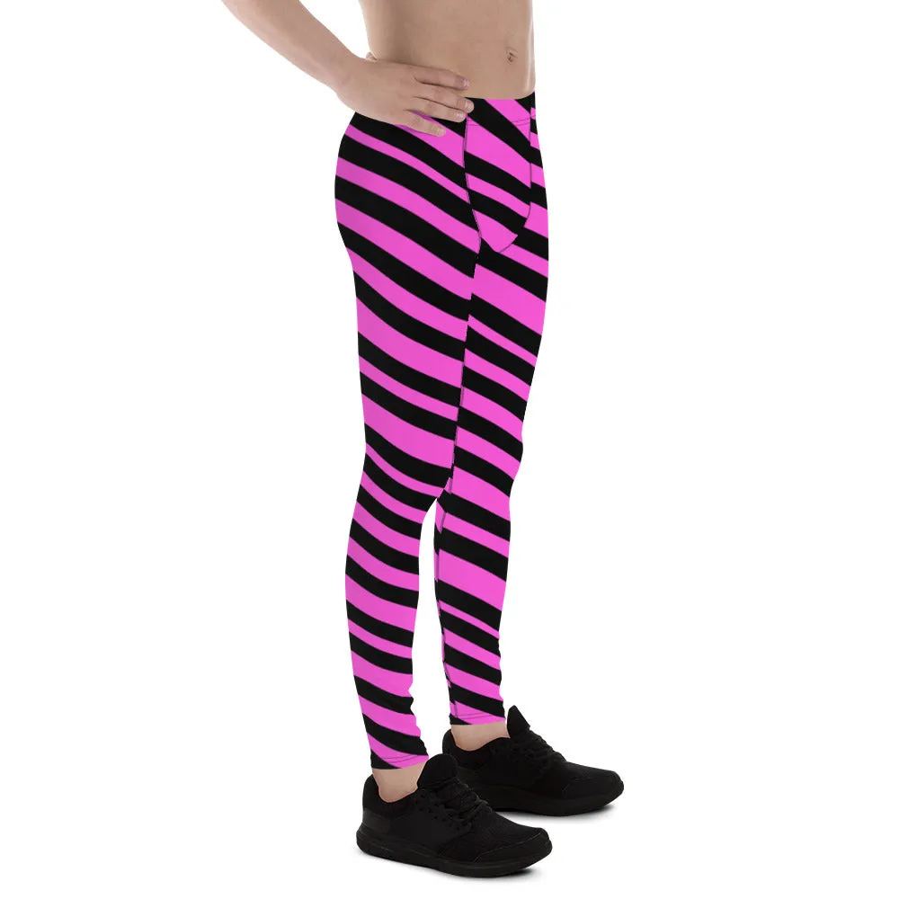 Black & Pink Striped Meggings, Diagonally Striped Men's Designer Premium Quality Running Tights- Made in USA/EU