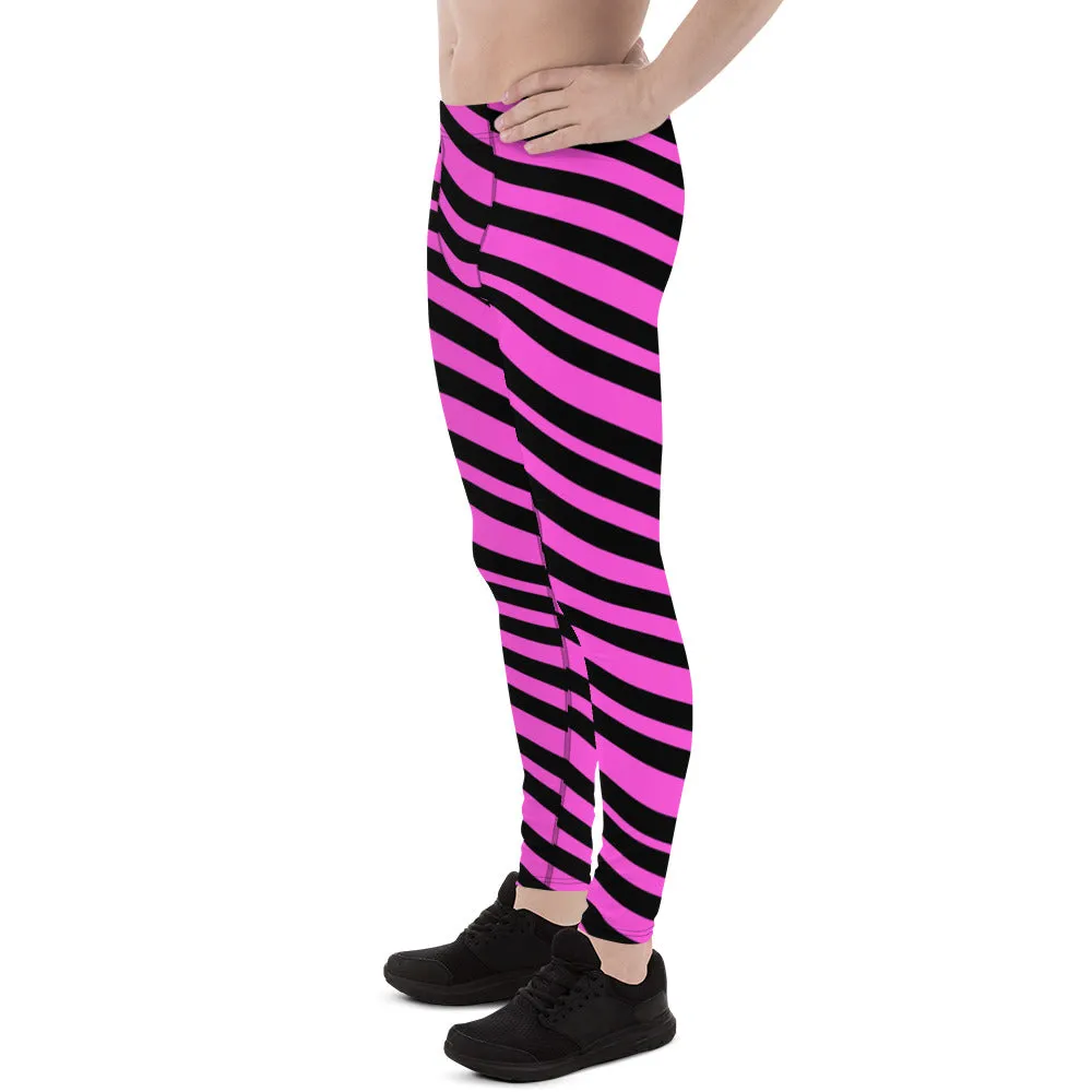 Black & Pink Striped Meggings, Diagonally Striped Men's Designer Premium Quality Running Tights- Made in USA/EU