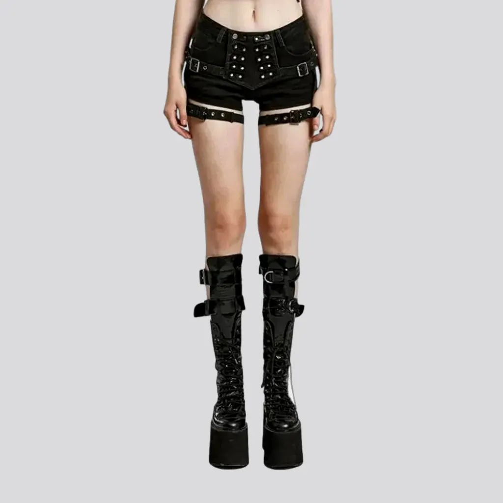 Black embellished jeans shorts for ladies