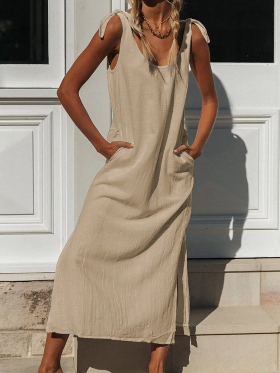 Casual Loose Solid Color Round Neck Split Dress