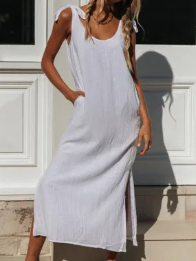 Casual Loose Solid Color Round Neck Split Dress
