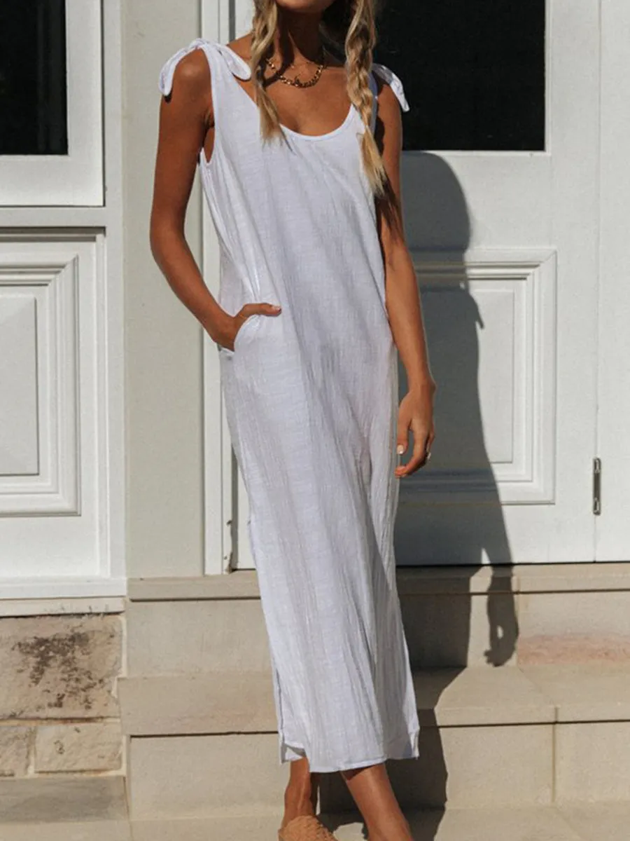 Casual Loose Solid Color Round Neck Split Dress