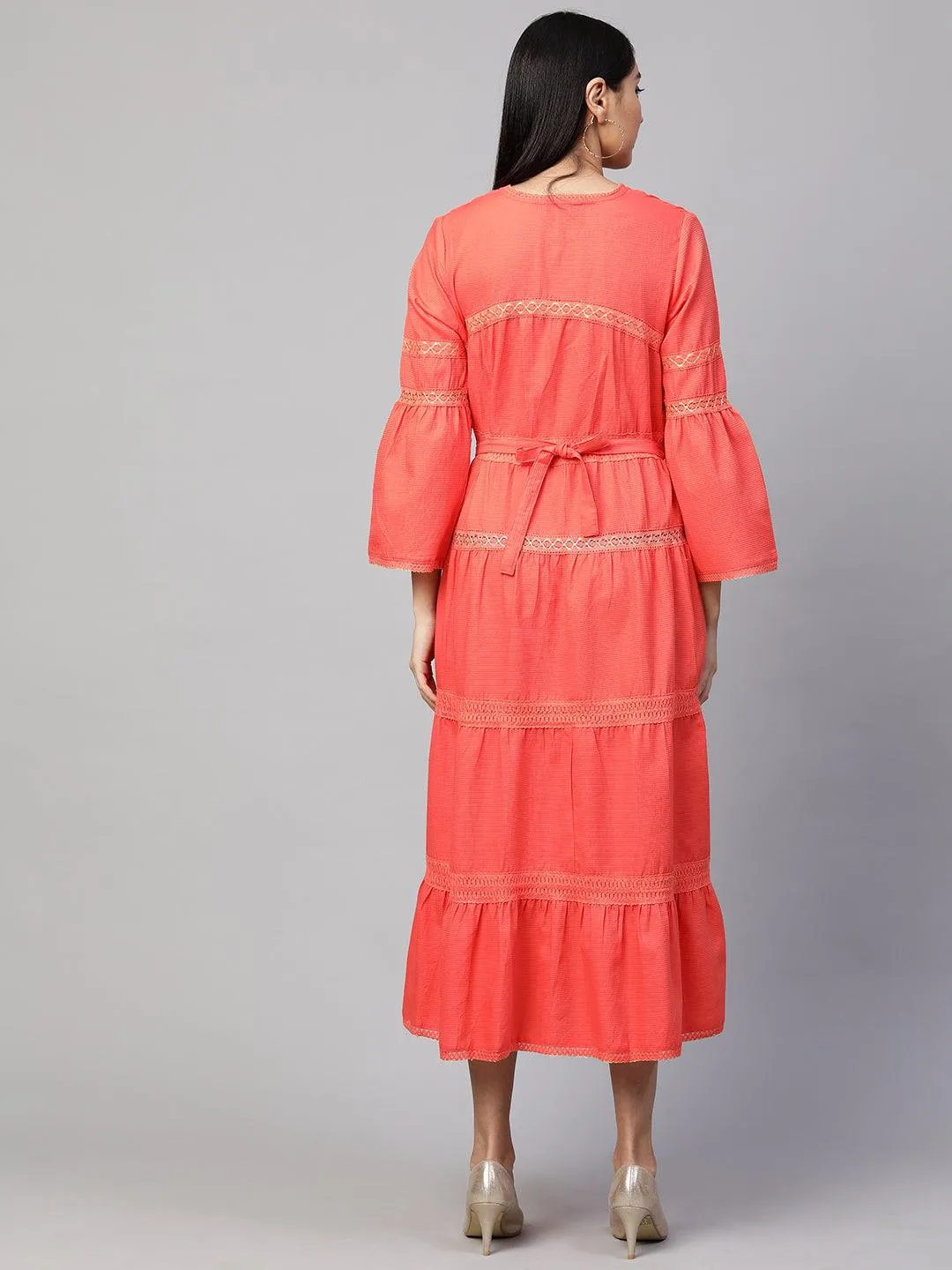 Cotton Textured Crochet Embroidered Maxi - Coral Peach