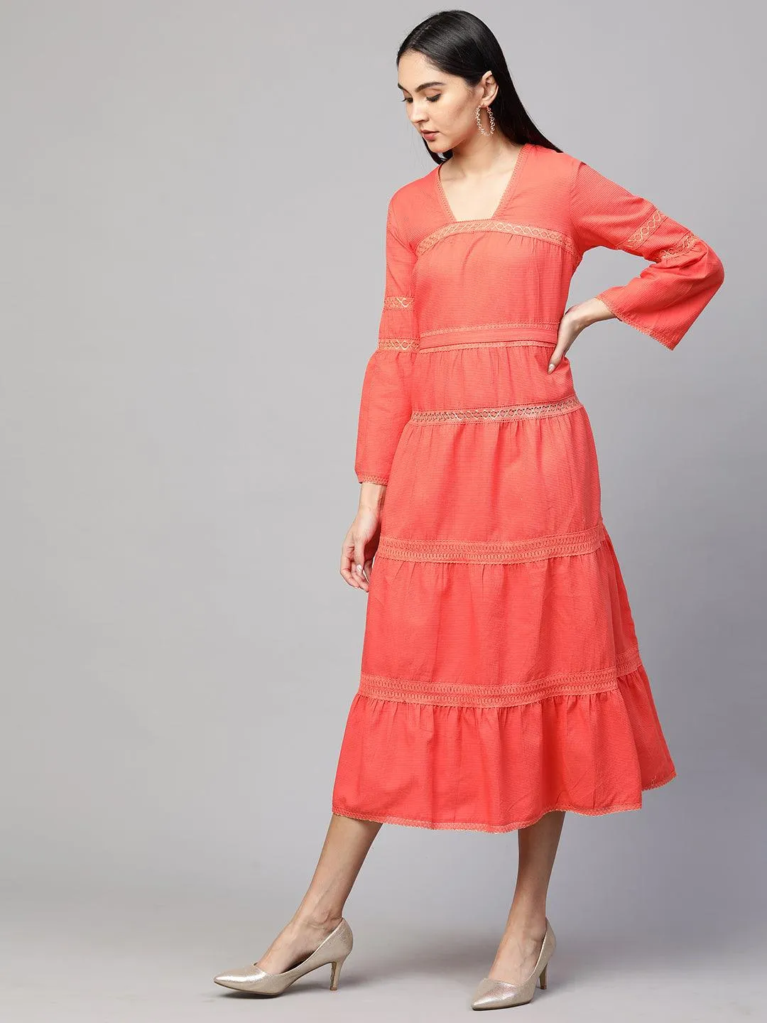 Cotton Textured Crochet Embroidered Maxi - Coral Peach