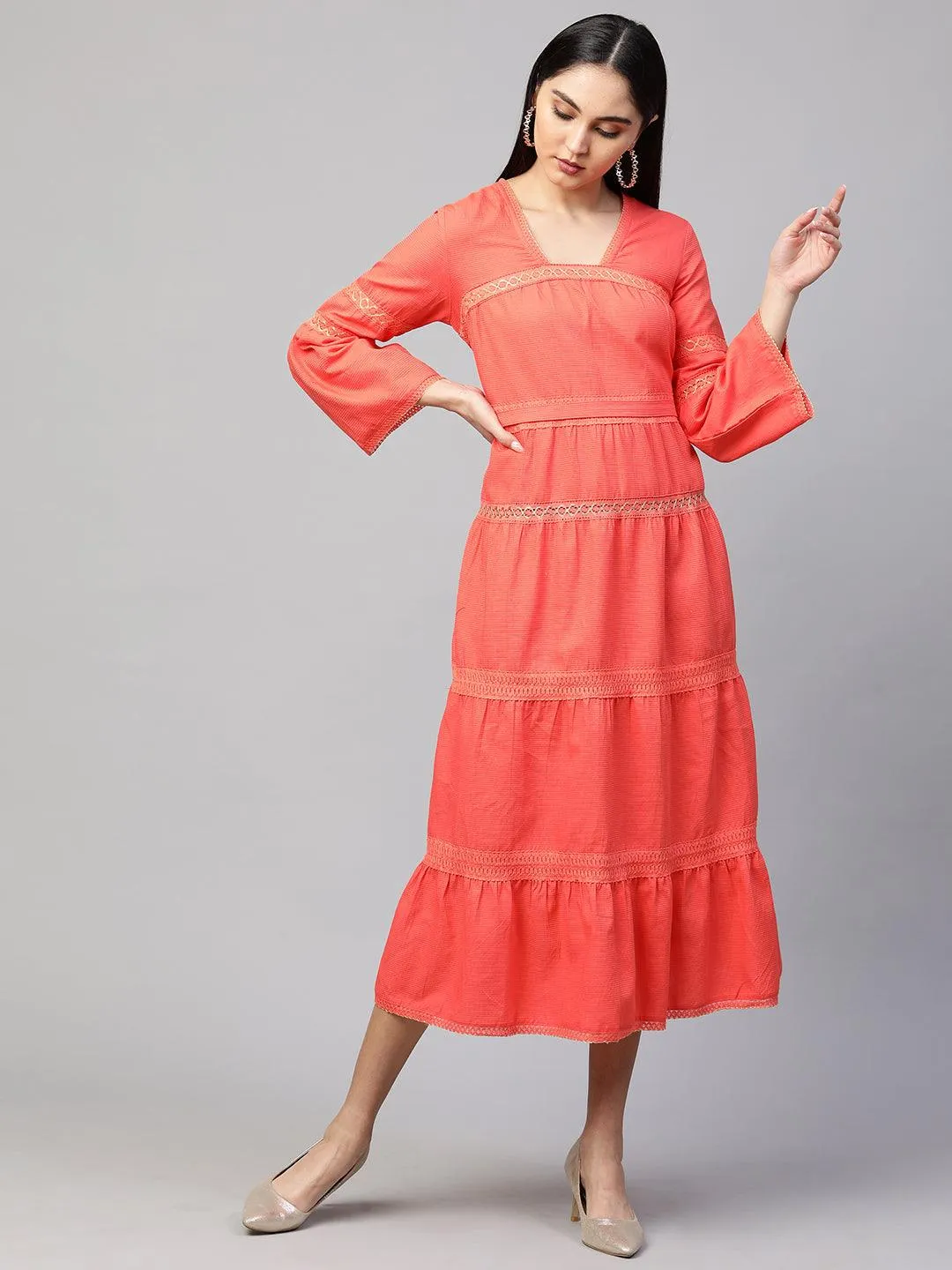Cotton Textured Crochet Embroidered Maxi - Coral Peach