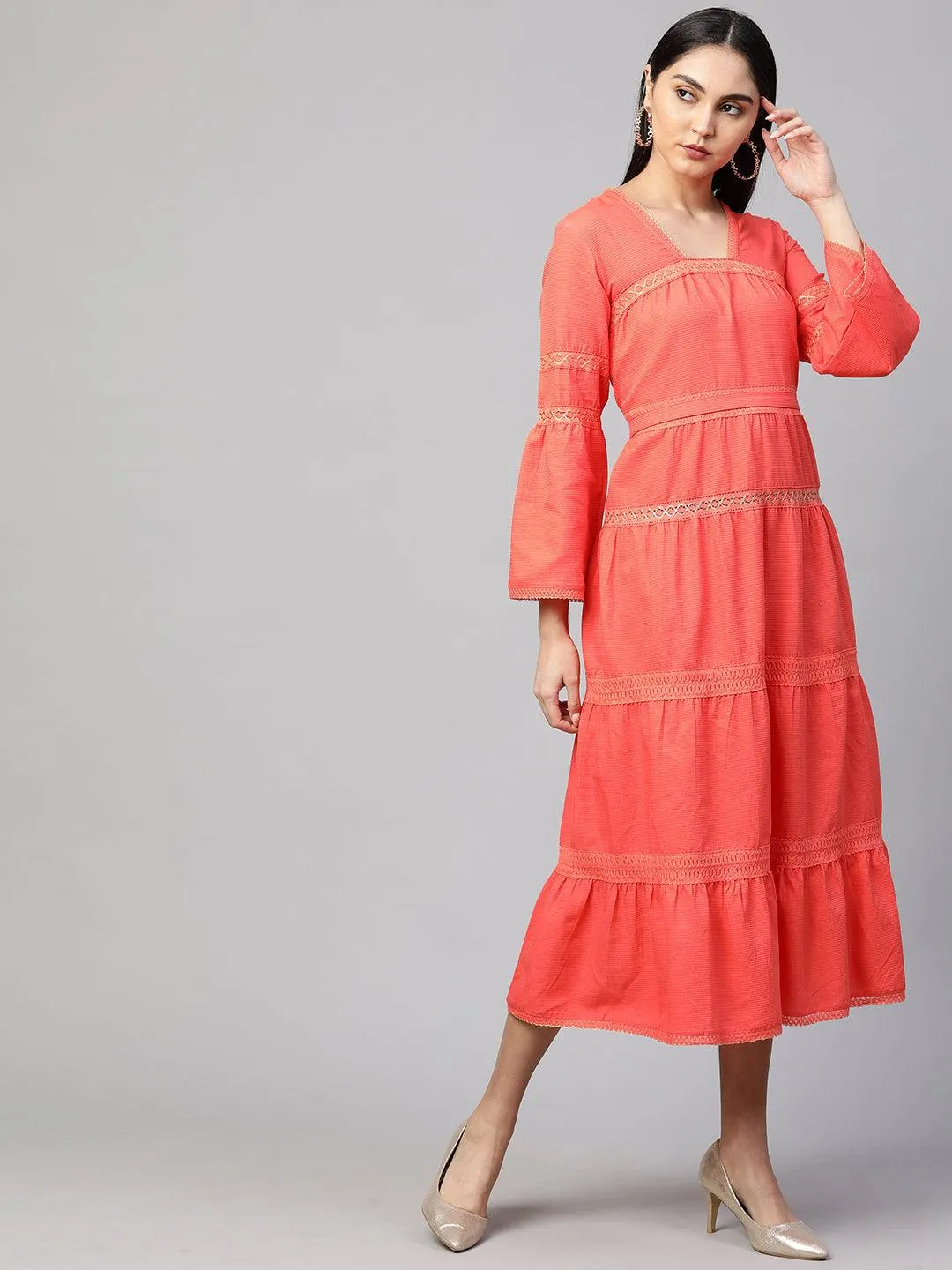Cotton Textured Crochet Embroidered Maxi - Coral Peach