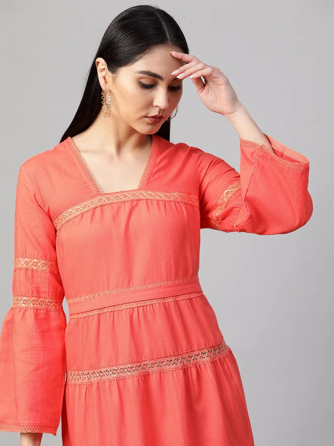 Cotton Textured Crochet Embroidered Maxi - Coral Peach