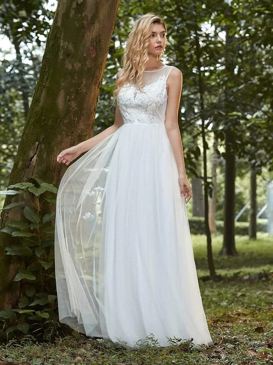 Elegant See Through Round Neck Applique Tulle Bridesmaid Dress