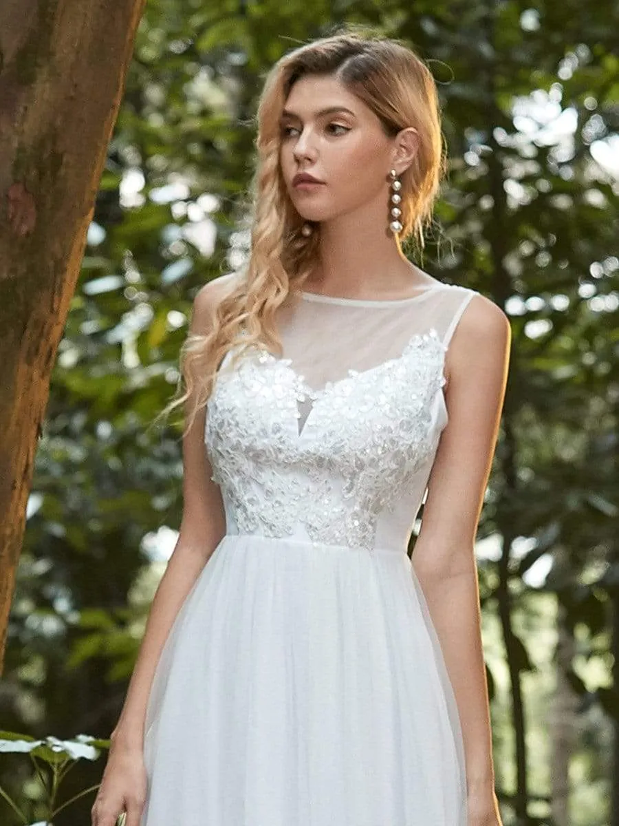 Elegant See Through Round Neck Applique Tulle Bridesmaid Dress