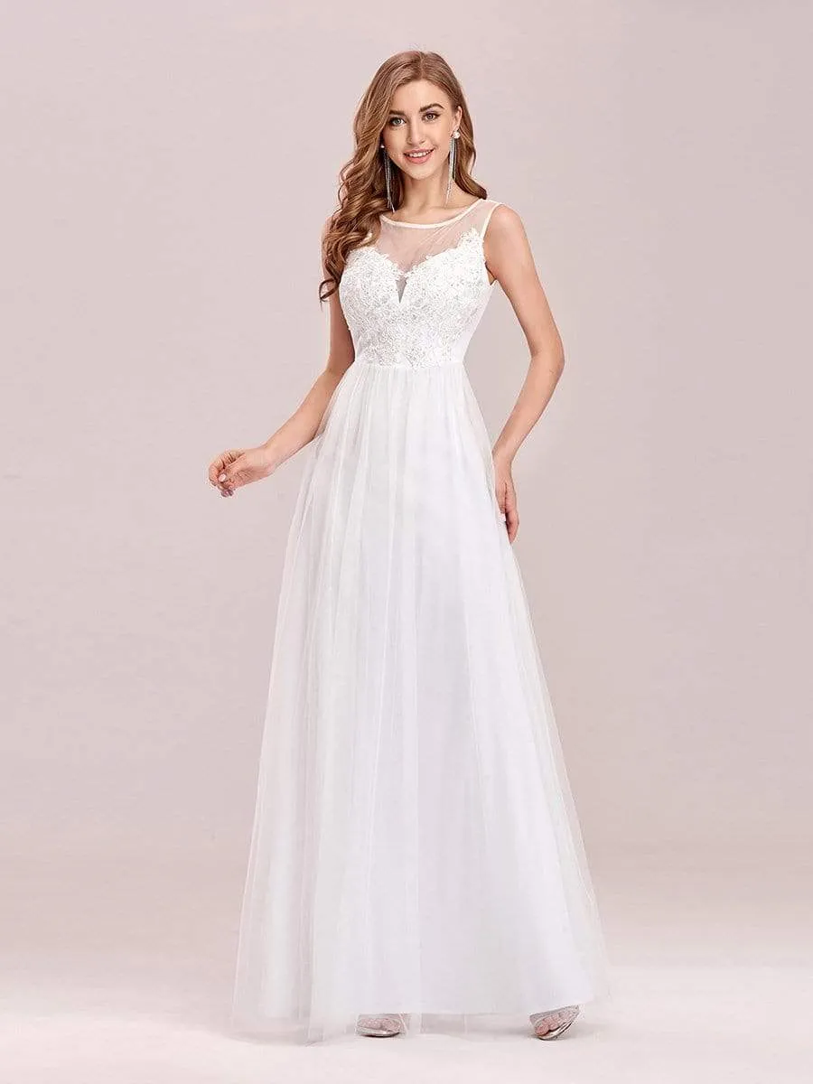 Elegant See Through Round Neck Applique Tulle Bridesmaid Dress