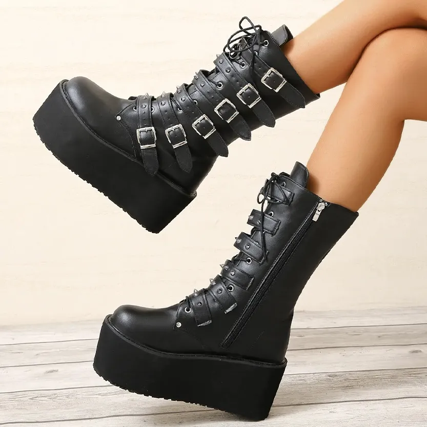 Funki Buys | Boots | Women's Gothic Buckle Strap Biker Boots