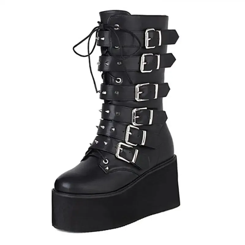 Funki Buys | Boots | Women's Gothic Buckle Strap Biker Boots