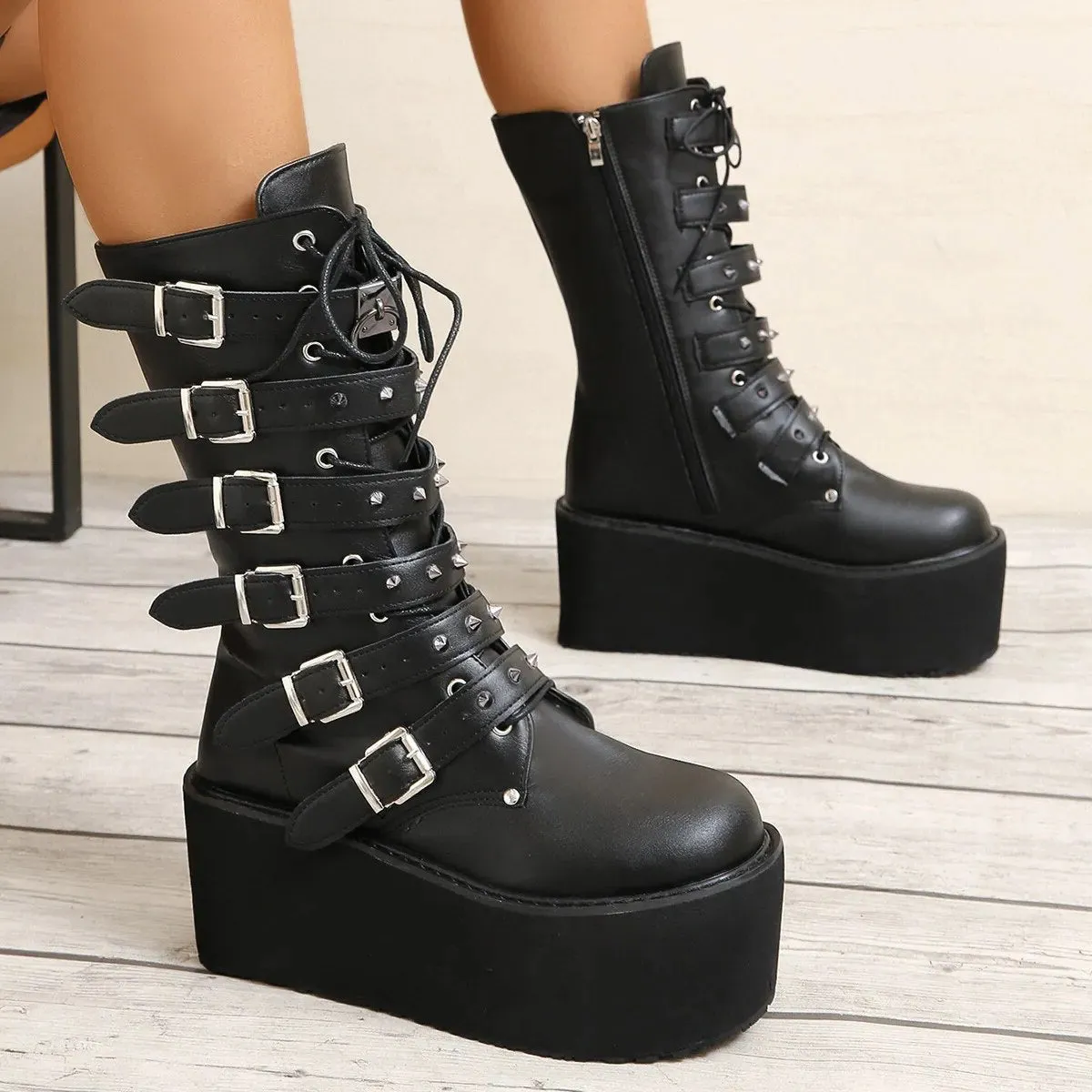 Funki Buys | Boots | Women's Gothic Buckle Strap Biker Boots