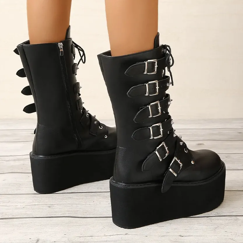 Funki Buys | Boots | Women's Gothic Buckle Strap Biker Boots