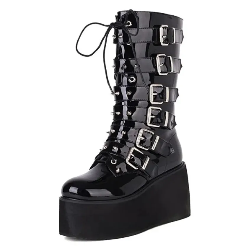 Funki Buys | Boots | Women's Gothic Buckle Strap Biker Boots