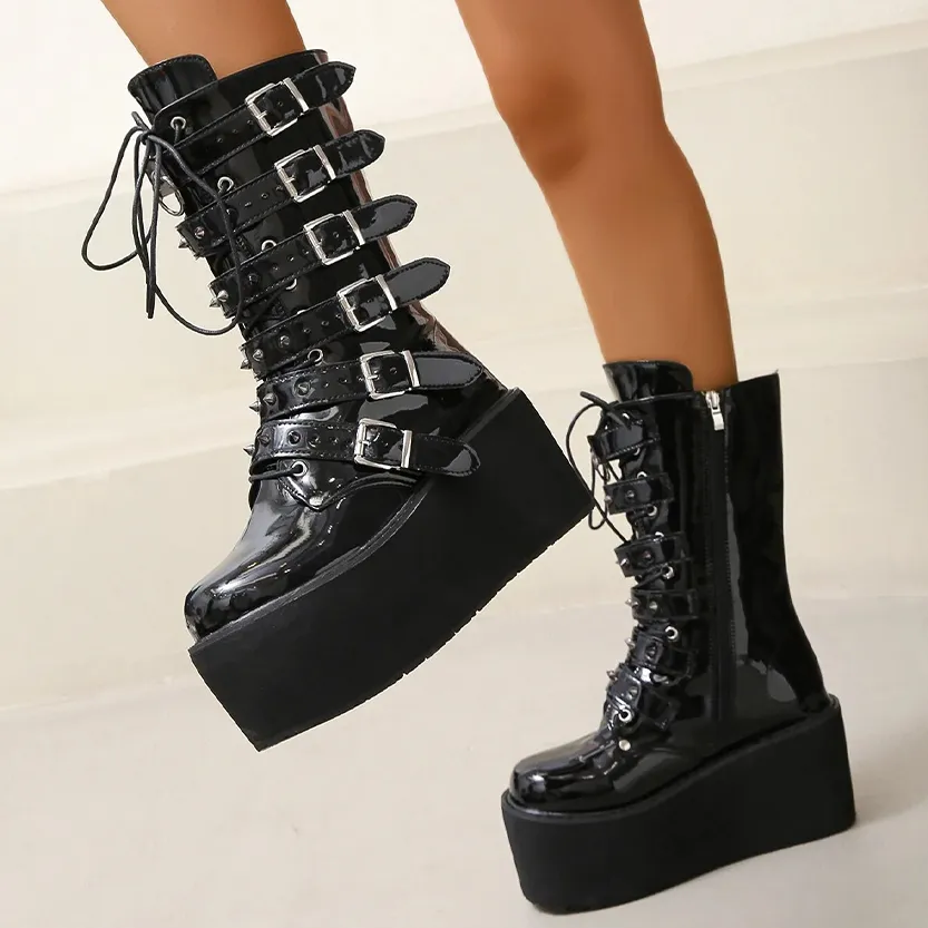 Funki Buys | Boots | Women's Gothic Buckle Strap Biker Boots