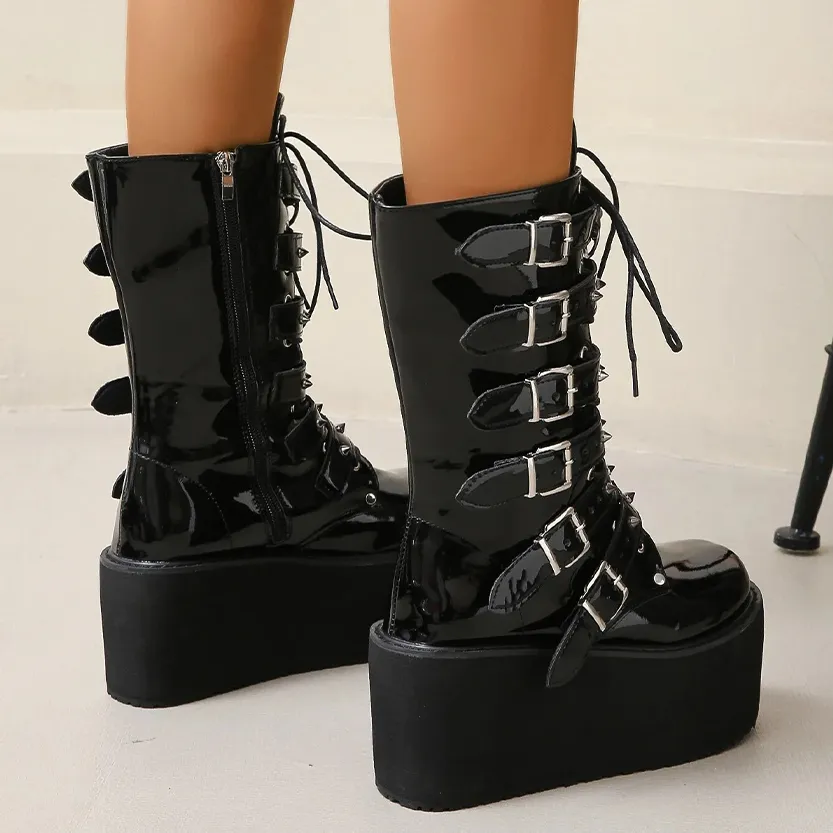 Funki Buys | Boots | Women's Gothic Buckle Strap Biker Boots