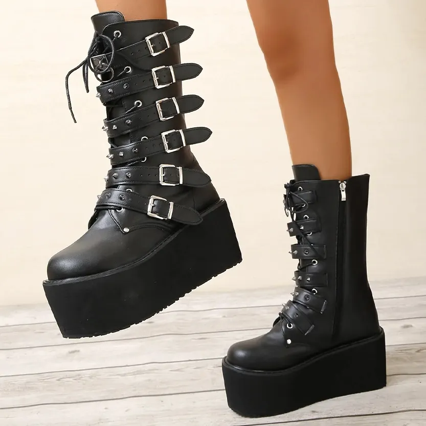 Funki Buys | Boots | Women's Gothic Buckle Strap Biker Boots