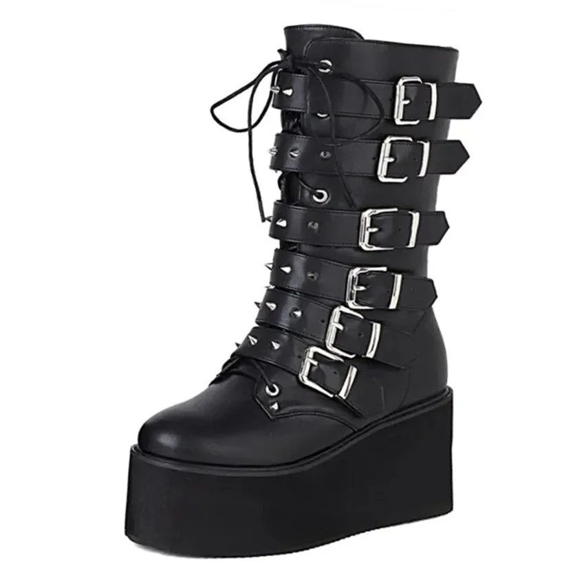 Funki Buys | Boots | Women's Gothic Buckle Strap Biker Boots