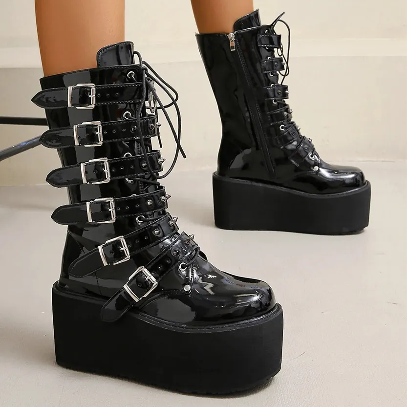 Funki Buys | Boots | Women's Gothic Buckle Strap Biker Boots