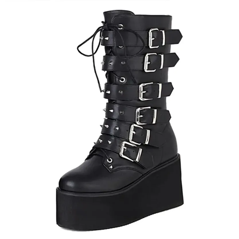 Funki Buys | Boots | Women's Gothic Buckle Strap Biker Boots