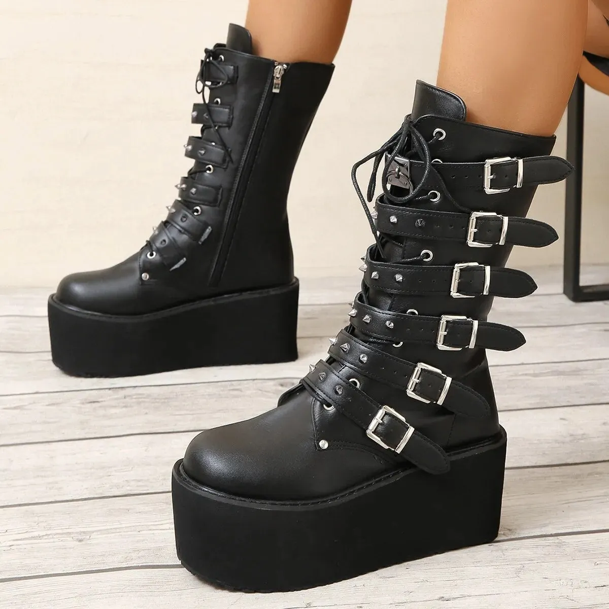 Funki Buys | Boots | Women's Gothic Buckle Strap Biker Boots