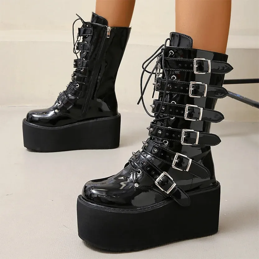 Funki Buys | Boots | Women's Gothic Buckle Strap Biker Boots