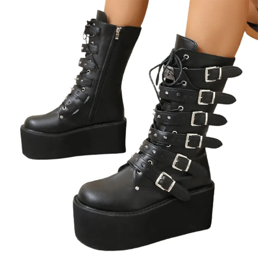 Funki Buys | Boots | Women's Gothic Buckle Strap Biker Boots