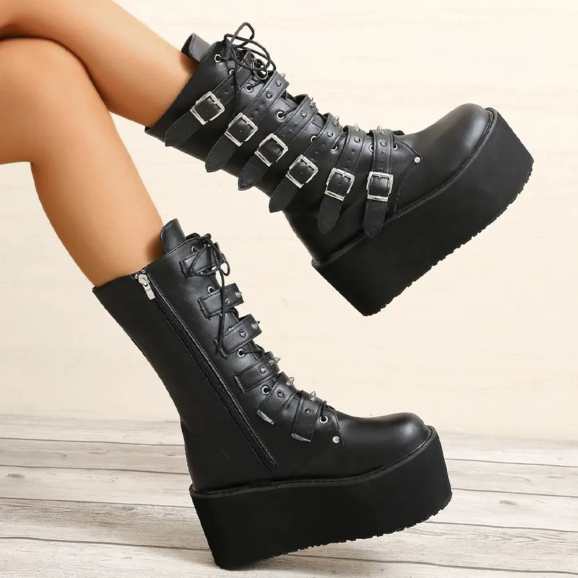 Funki Buys | Boots | Women's Gothic Buckle Strap Biker Boots