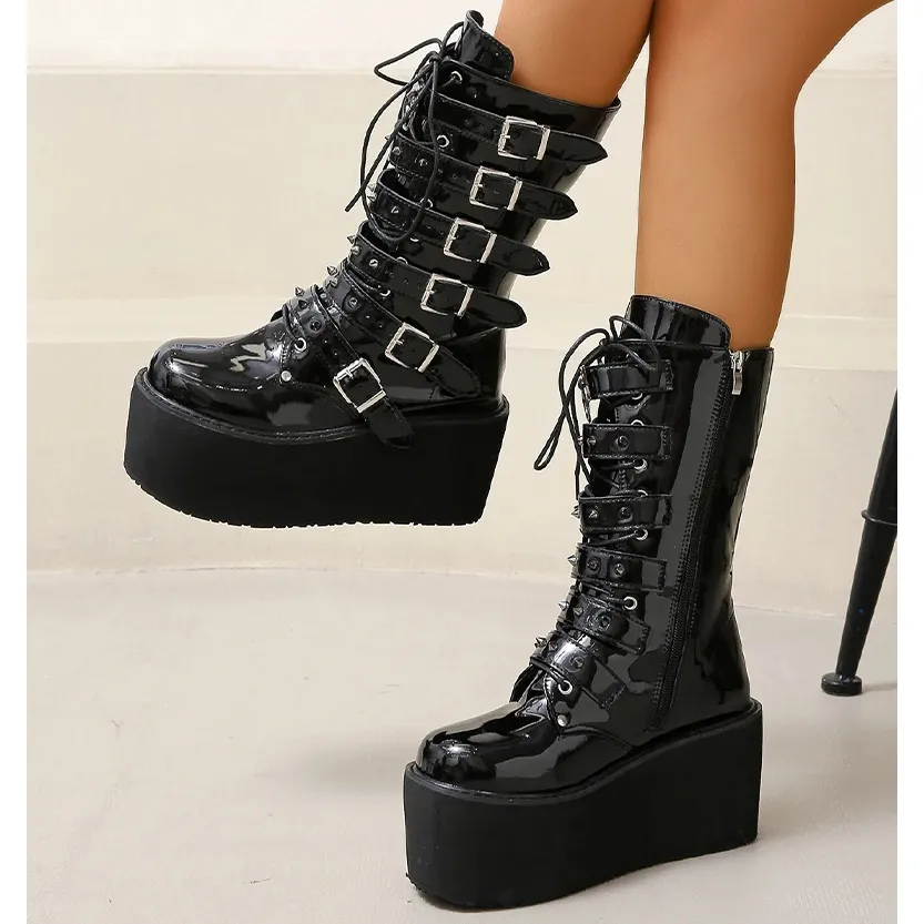 Funki Buys | Boots | Women's Gothic Buckle Strap Biker Boots