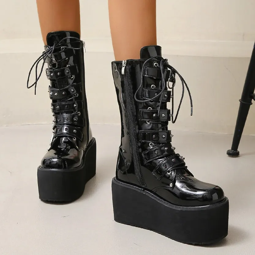 Funki Buys | Boots | Women's Gothic Buckle Strap Biker Boots