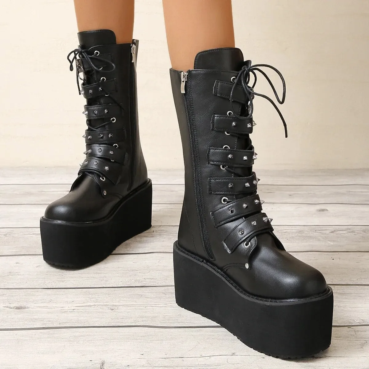 Funki Buys | Boots | Women's Gothic Buckle Strap Biker Boots
