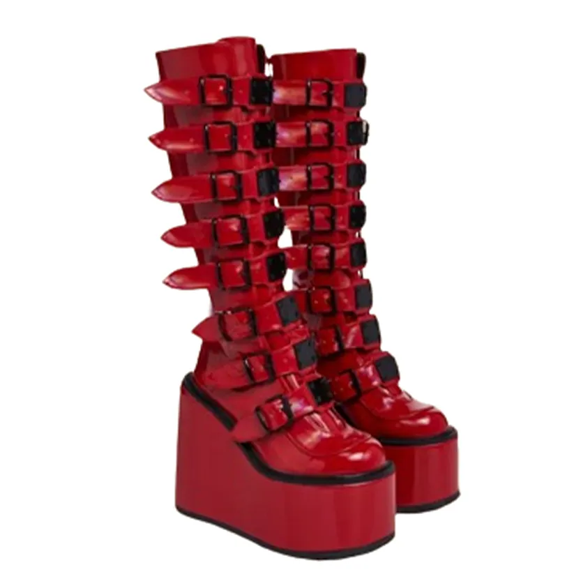 Funki Buys | Boots | Women's Red Buckle Strap Platform Boots