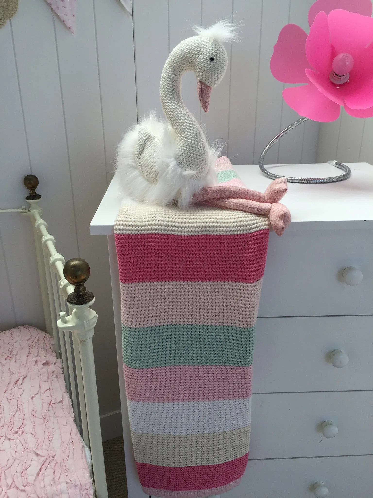 Funky Stripe Pink Pastels Cotton Knit Baby Blanket & Bonus Emma Heart Rattle