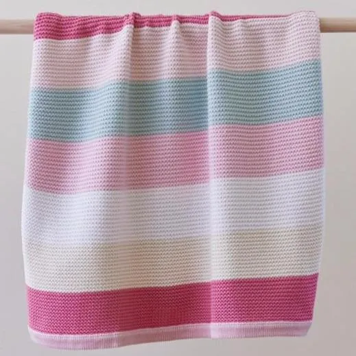Funky Stripe Pink Pastels Cotton Knit Baby Blanket & Bonus Emma Heart Rattle