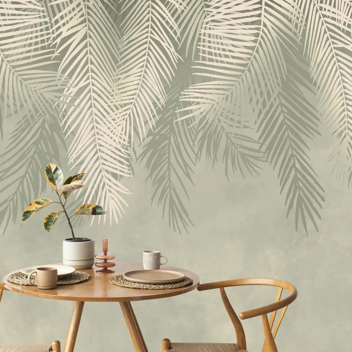 Hanging Tropical Leaves Wallpaper Design Pastel Green