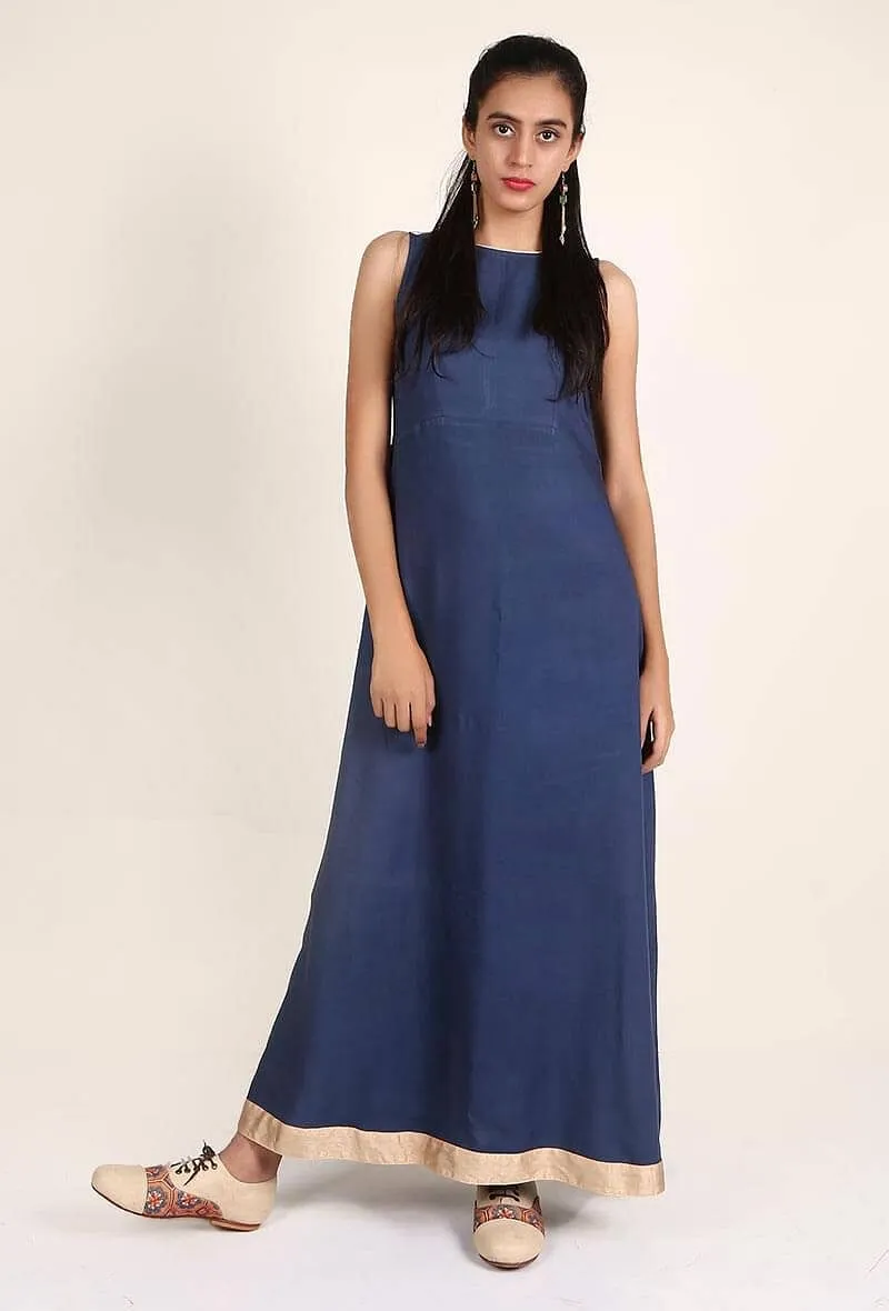 Imperial Blue Rayon Maxi Dress With White Cotton Tie Up Overlay Set Featuring Floral Block Printing Set