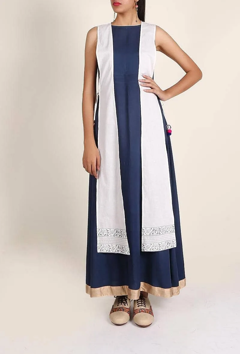 Imperial Blue Rayon Maxi Dress With White Cotton Tie Up Overlay Set Featuring Floral Block Printing Set